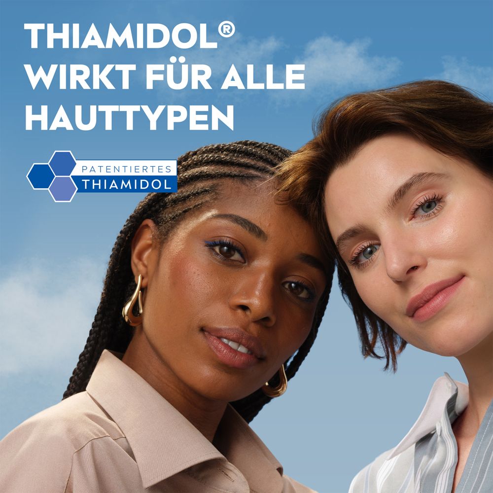 Zwei Frauen unterschiedlicher Hauttypen. Text: THIAMIDOL® wirkt für alle Hauttypen.