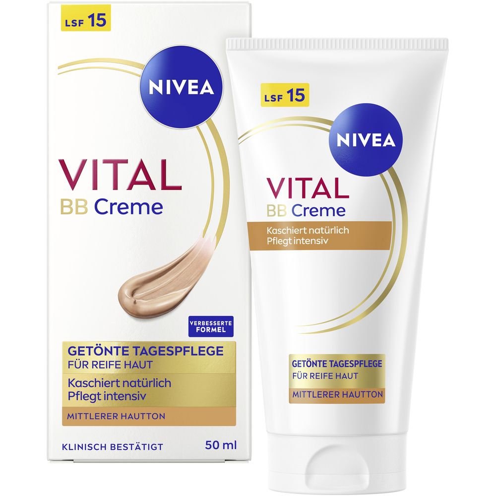 NIVEA VITAL BB Crème, soin de jour teinté. Tube et emballage. Teintes moyennes. FPS 15.