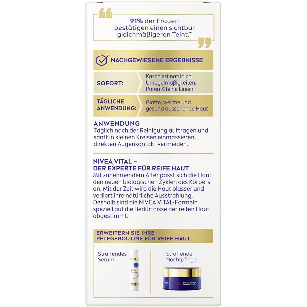 Dos de l'emballage NIVEA VITAL BB Crème. Texte sur les résultats, l'utilisation et les ingrédients.