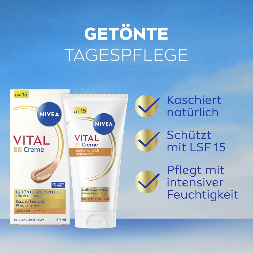 NIVEA VITAL soin de jour teinté. Tube et emballage. Texte : Couvre naturellement, protège avec SPF 15.