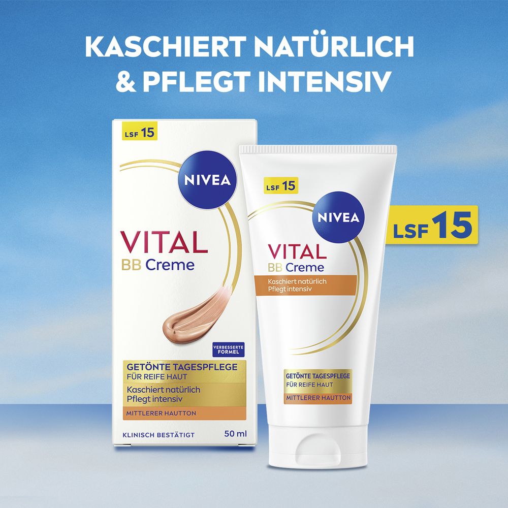 NIVEA VITAL BB Crème, soin de jour teinté. Tube et emballage. Texte : Couvre naturellement & nourrit intensément. FPS 15.