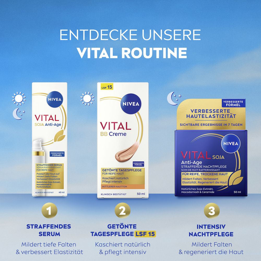 Routine NIVEA VITAL. 3 produits : Sérum, BB Crème, Soin de nuit. BB Crème : soin de jour teinté FPS 15.