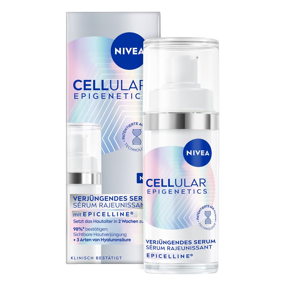 NIVEA Cellular Epigenetics Serum mit Spender und Faltschachtel. Patentierte Age Clock Technologie.