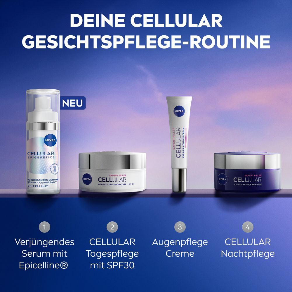 NIVEA Cellular Gesichtspflege-Routine: Serum, Tagespflege, Augenpflege, Nachtpflege.