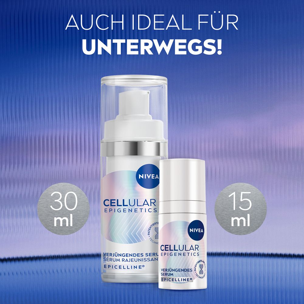 NIVEA Cellular Epigenetics Serum (30ml) und 15ml Reisegröße.