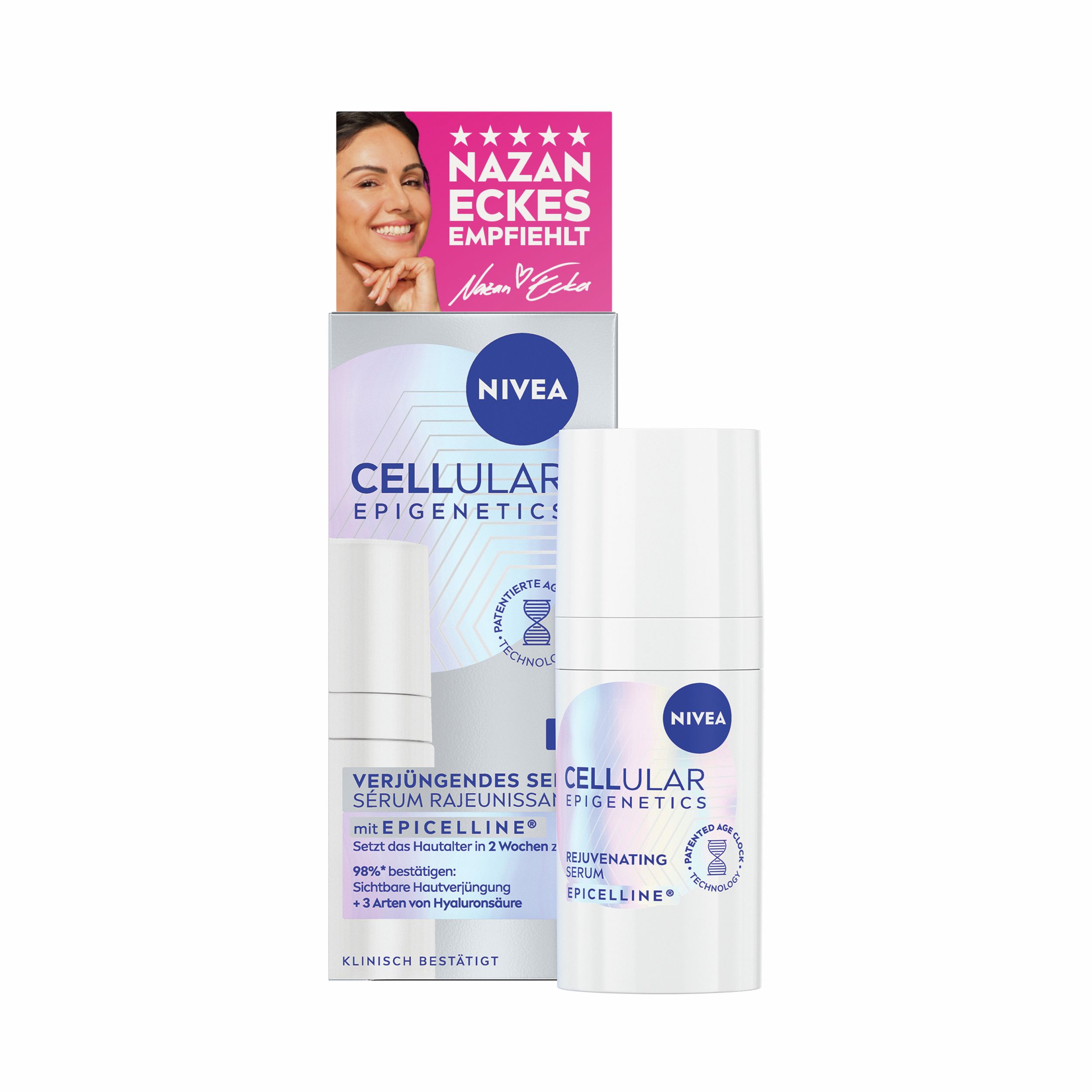 NIVEA CELLULAR Epigenetics Serum und Verpackung. Flasche und Schachtel mit Produktinformationen und Nazan Eckes.