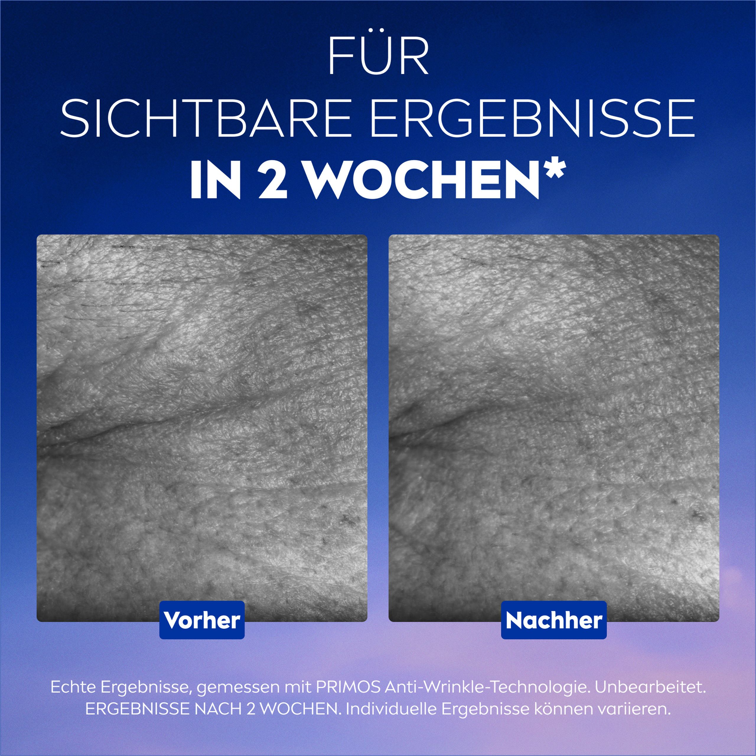 Vorher-Nachher-Vergleich. Text: Für sichtbare Ergebnisse in 2 Wochen. Bilder von Haut.