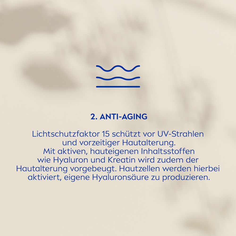 Symbole et texte : 2. ANTI-ÂGE. FPS 15 protège contre les rayons UV.