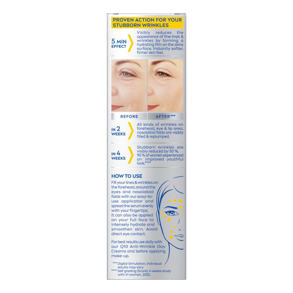 Rückseite der NIVEA Q10 Anti-Falten Experte Falten-Auffüller Verpackung mit Anwendungshinweisen und Vorher/Nachher-Bildern.