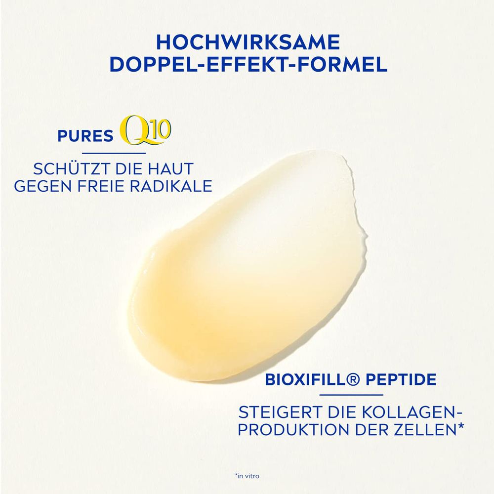 Texturprobe von NIVEA Q10 Anti-Falten Experte mit Q10 und Bioxifill Peptide Hinweis.