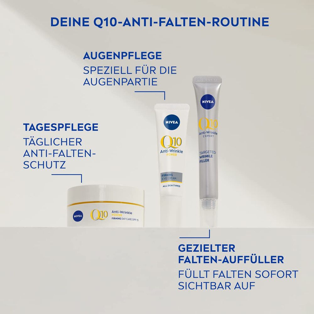 NIVEA Q10 Anti-Falten Routine: Augenpflege, Tagespflege und gezielter Falten-Auffüller.