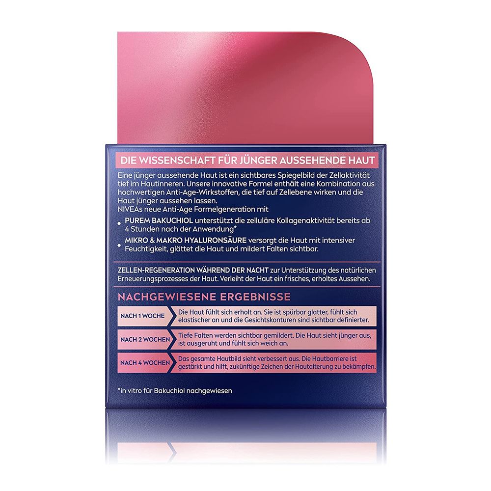 Rückseite der NIVEA Cellular Expert Lift Nachtpflege Verpackung mit Informationen zu Inhaltsstoffen und Ergebnissen.