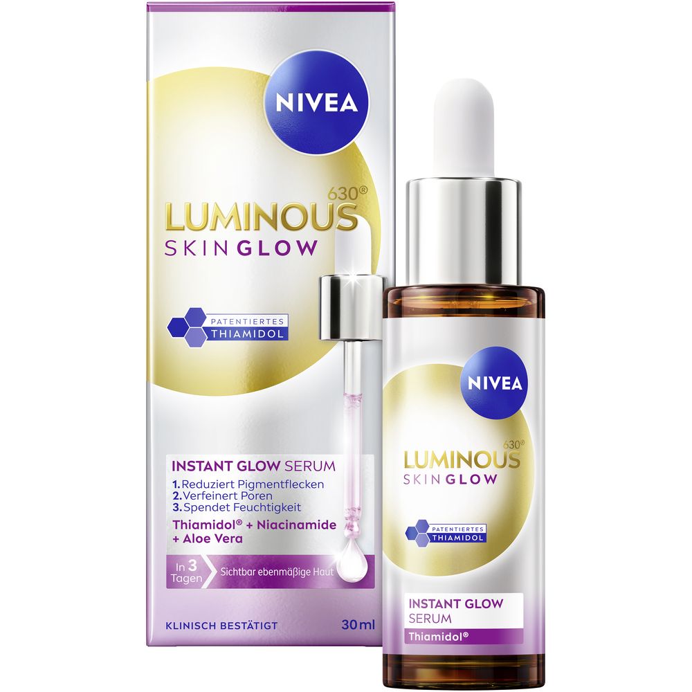 Sérum NIVEA LUMINOUS630® Instant Glow en flacon de 30ml et son emballage.