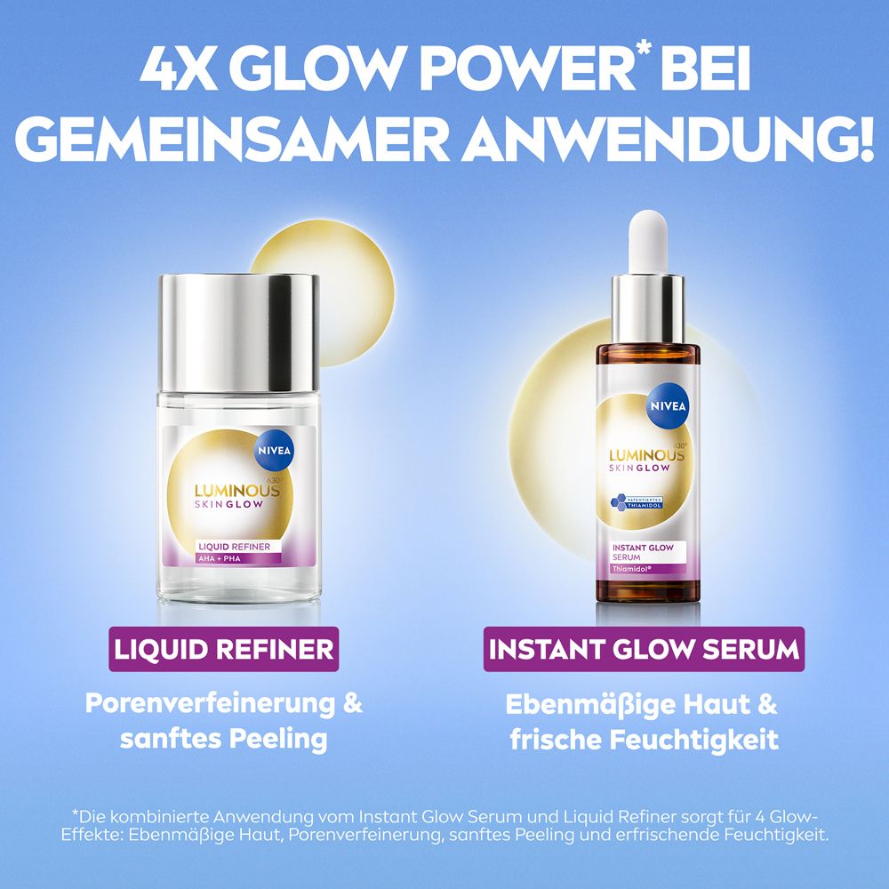 Sérum NIVEA LUMINOUS630® Instant Glow et Liquid Refiner comparés.