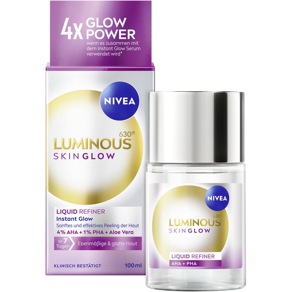 Flacon et boîte NIVEA LUMINOUS630® Skin Glow Liquid Refiner. Bouchon argenté et étiquette or-violet.