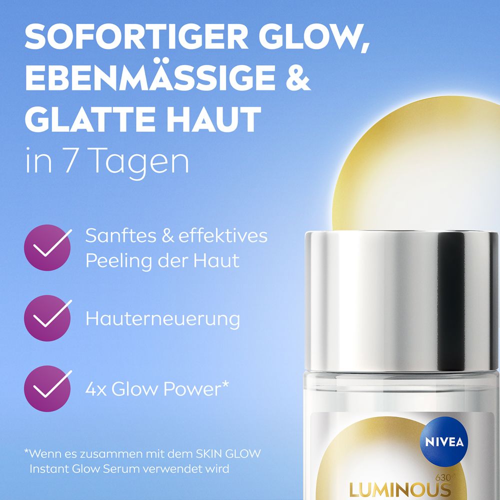 Flacon NIVEA LUMINOUS630® Skin Glow Liquid Refiner. Éclat immédiat, peau uniforme & lisse en 7 jours.