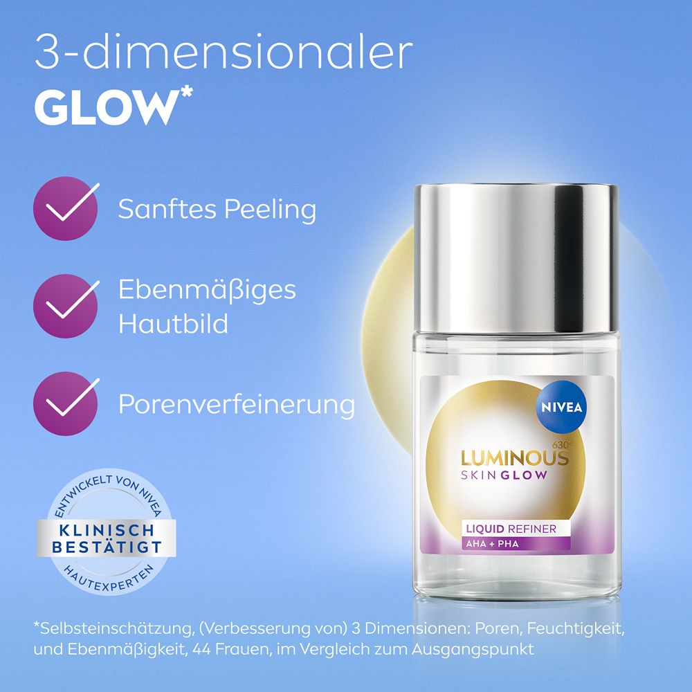 Flacon NIVEA LUMINOUS630® Skin Glow Liquid Refiner. Glow 3D, peeling doux, teint uniforme.