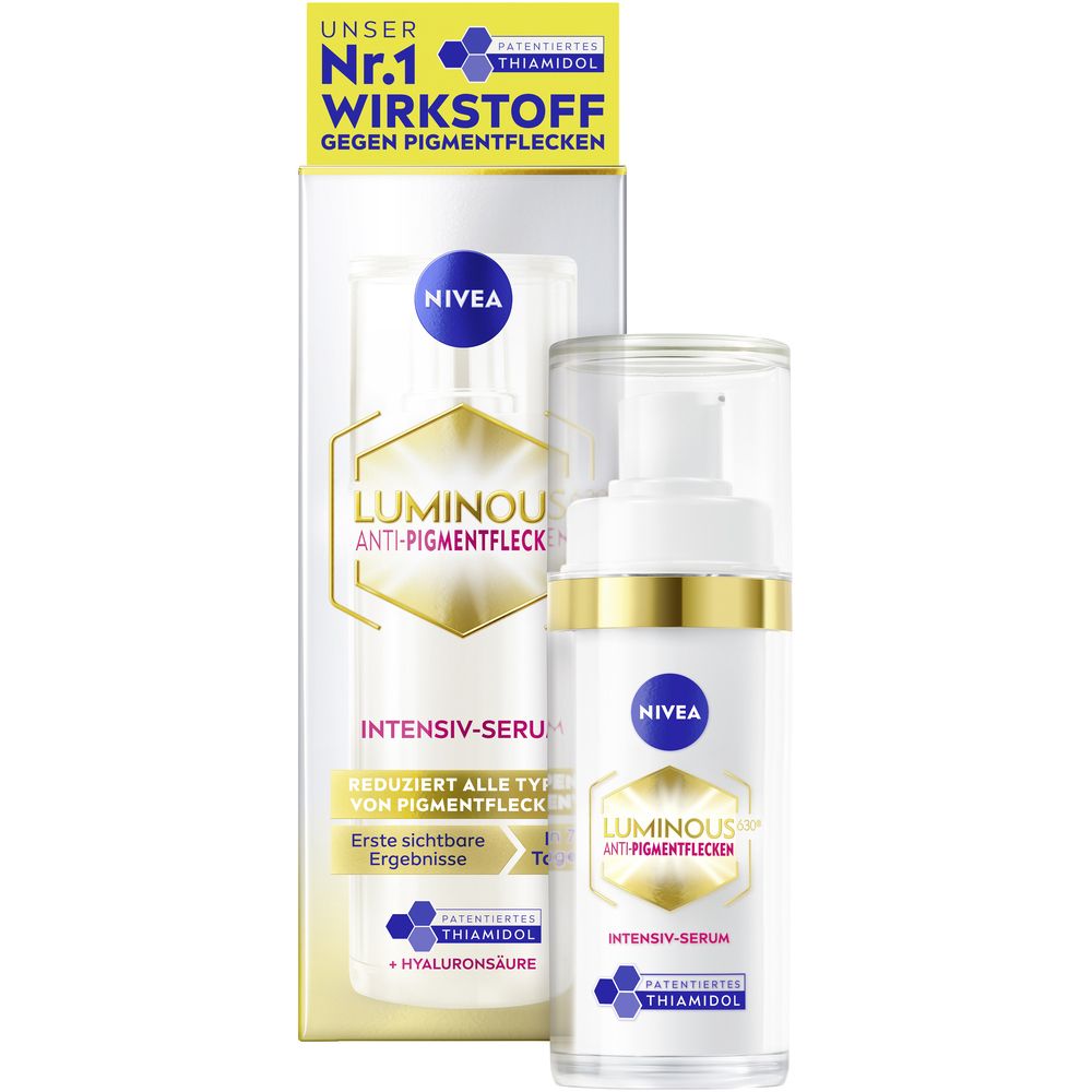 Sérum intensif NIVEA LUMINOUS630 avec pompe et emballage extérieur.