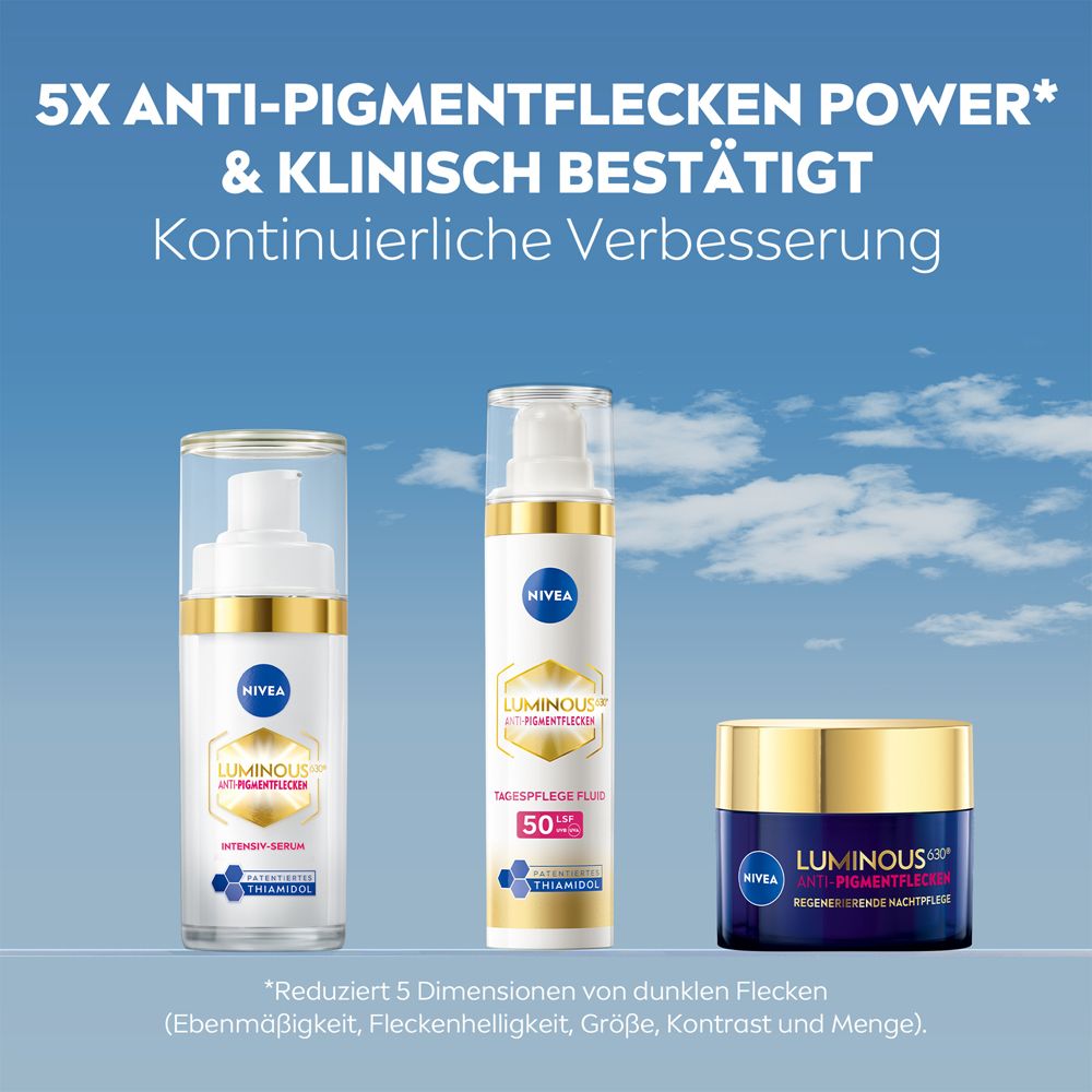 Trois produits NIVEA LUMINOUS630 : sérum, soin de jour et soin de nuit.