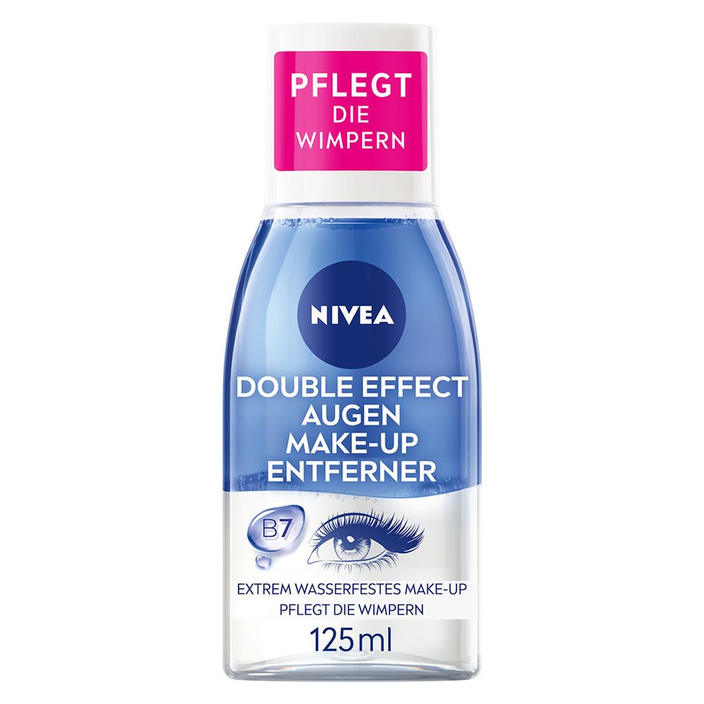 NIVEA Wasserfester Augen Make-Up Entferner, 125ml Flasche mit blauem und klarem Inhalt.