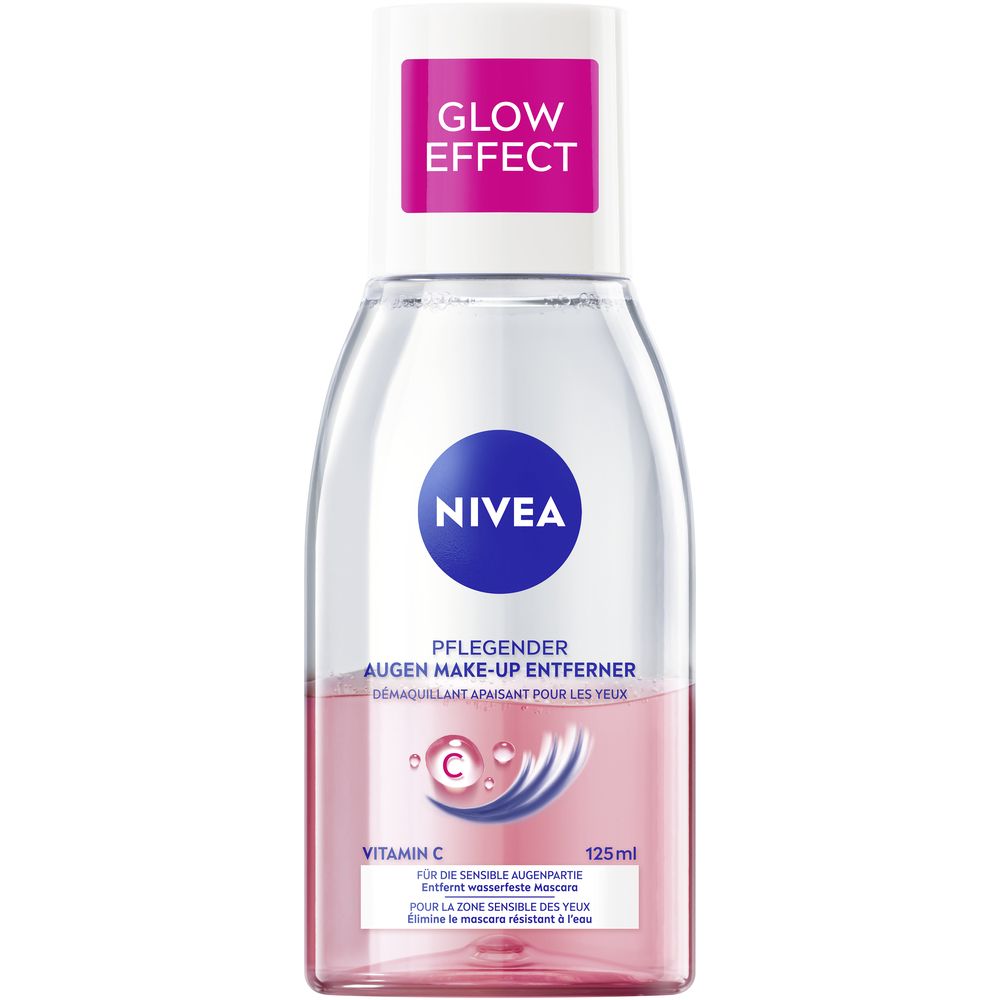 NIVEA Glow Effect Augen Make-up Entferner. Flasche mit rosa Flüssigkeit. Enthält Vitamin C. 125ml.