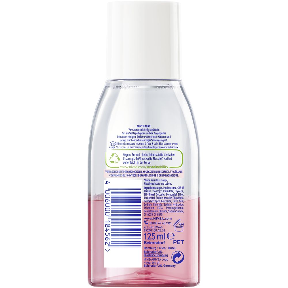 Rückseite der NIVEA Glow Effect Augen Make-up Entferner Flasche. Inhaltsstoffe und Informationen.