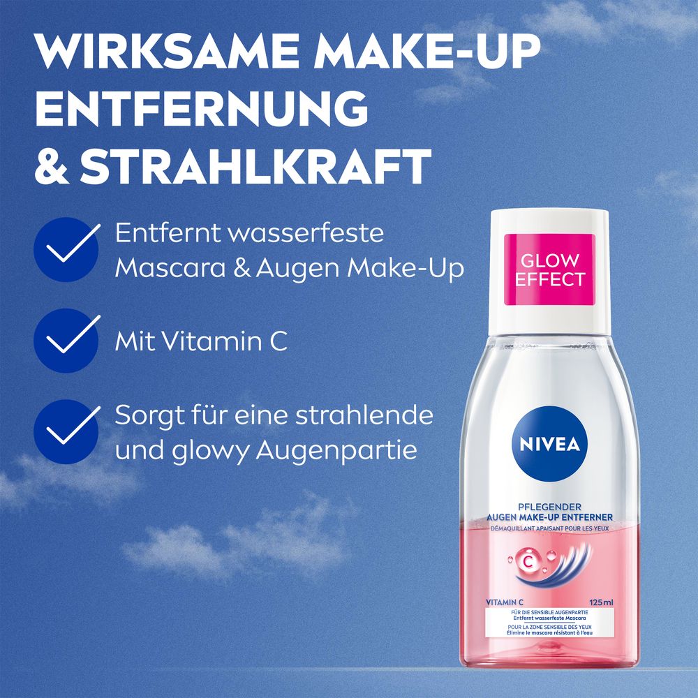 NIVEA Glow Effect Augen Make-up Entferner. Entfernt wasserfeste Mascara. Mit Vitamin C. Für strahlende Augen.