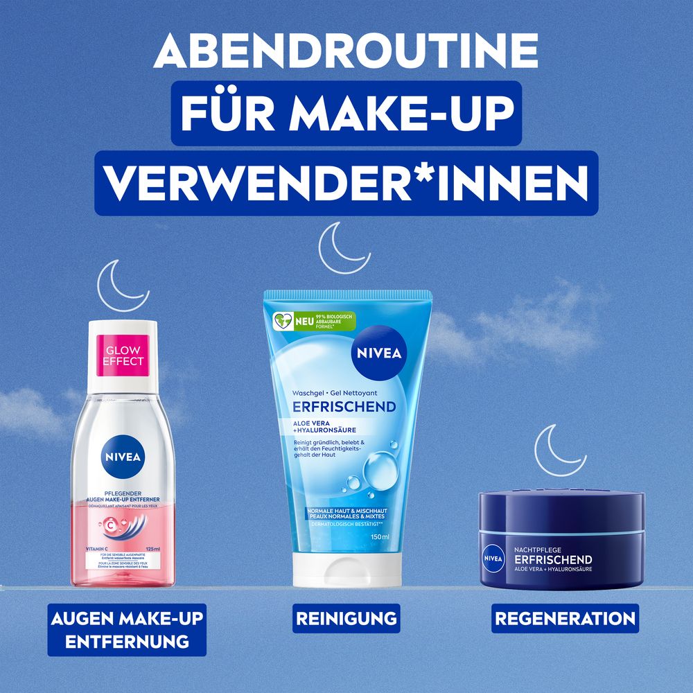 Abendroutine für Make-up Verwender. NIVEA Augen Make-up Entferner, Reinigung, Regeneration.