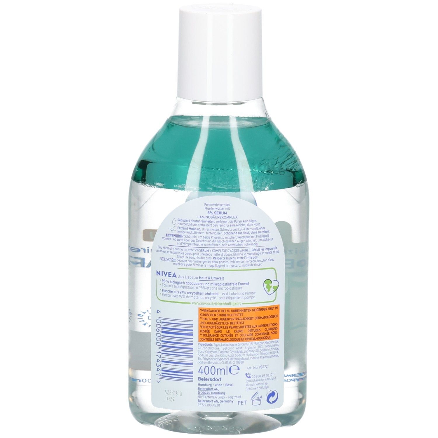 Dos du flacon avec liquide bleu. Logo NIVEA et informations produit. Texte: 400ml. Symbole de recyclage.