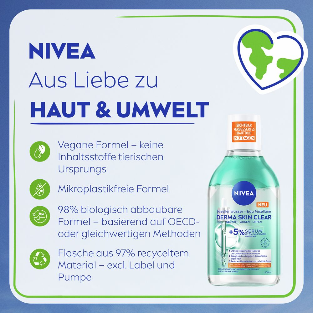 Logo NIVEA et texte 'Par amour pour la peau & l'environnement'. Gauche : icônes pour formule vegan, sans microplastique, biodégradable, bouteille recyclée.