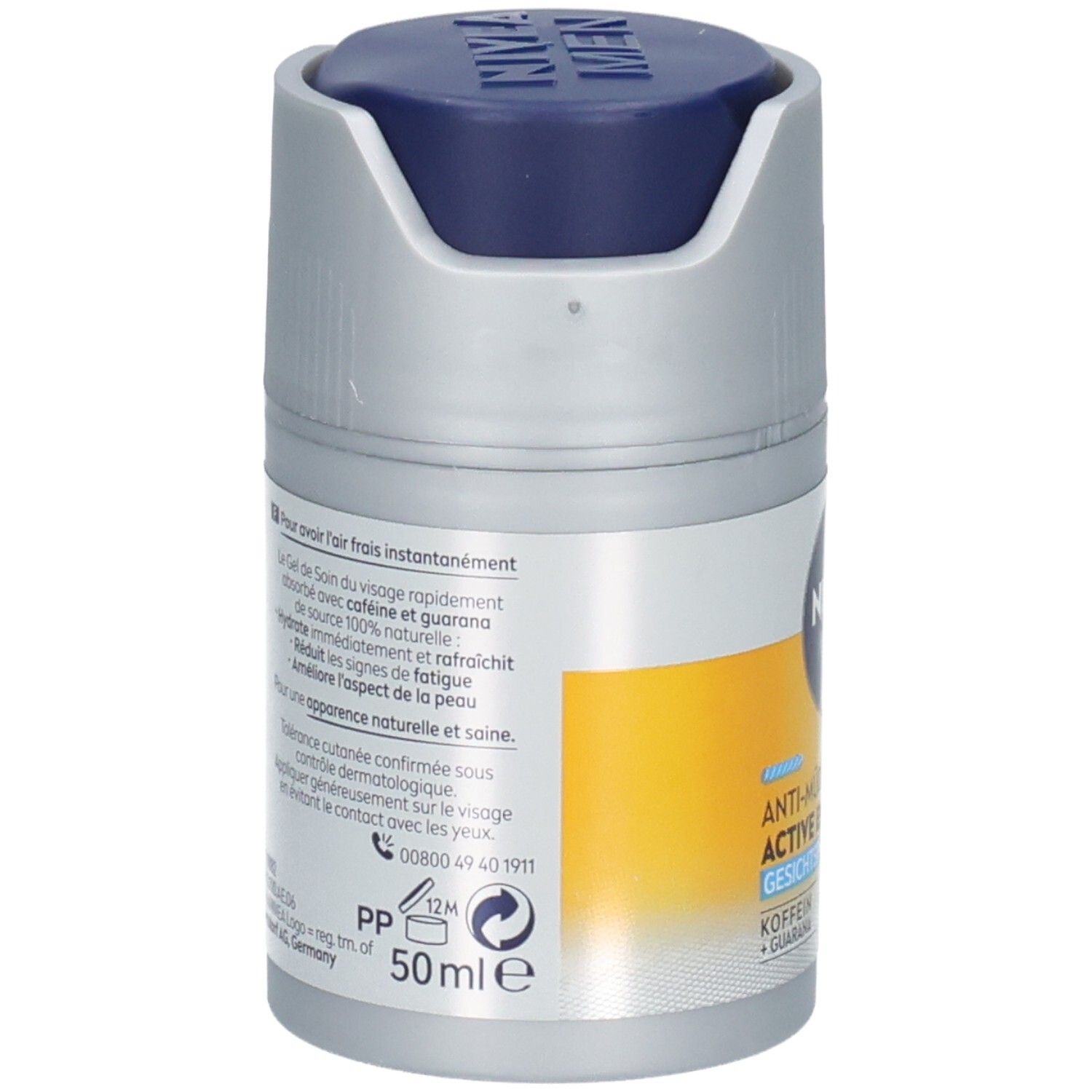 Dos du flacon. Texte: Gel pour le visage, avec caféine et guarana. 50ml. Logos et coordonnées.