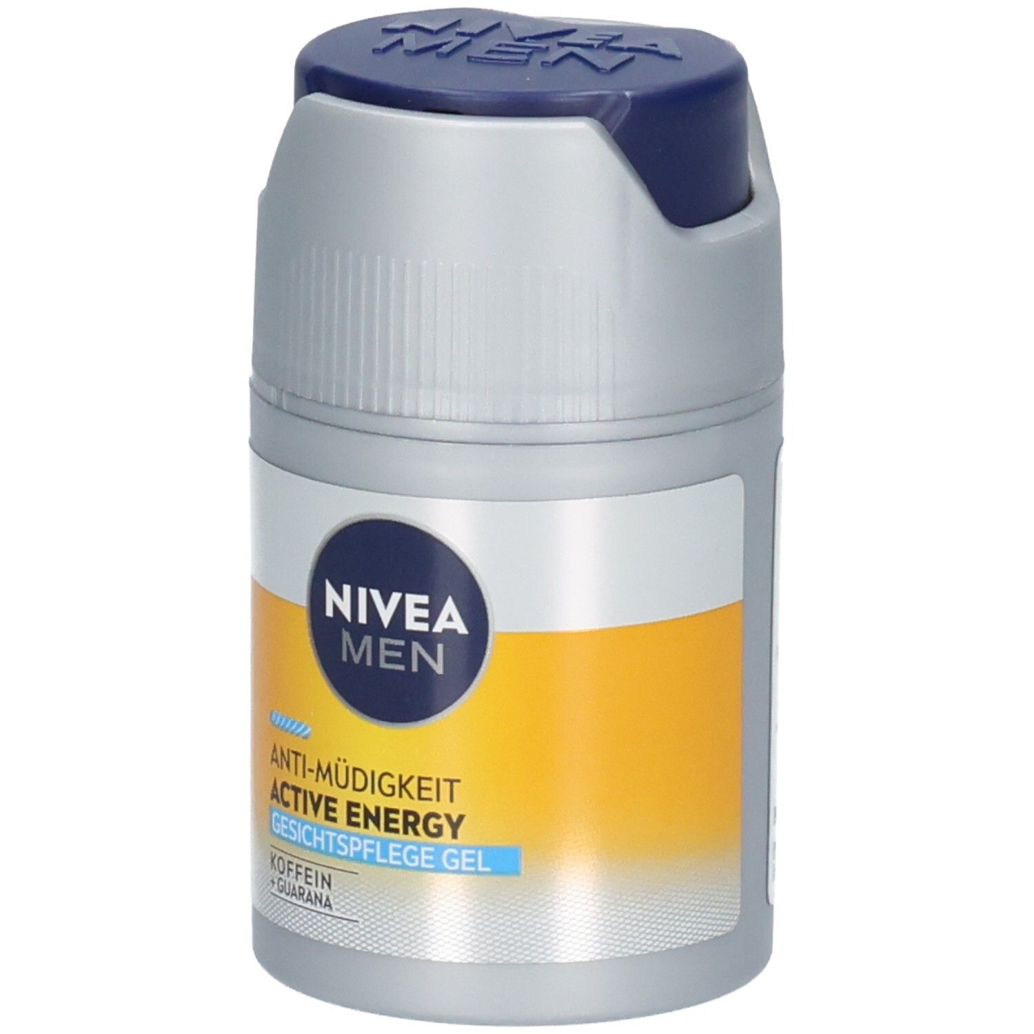 Flacon cylindrique avec bouchon bleu. Inscription: NIVEA MEN, ACTIVE ENERGY Gesichtspflege Gel. Éléments jaunes et argentés.