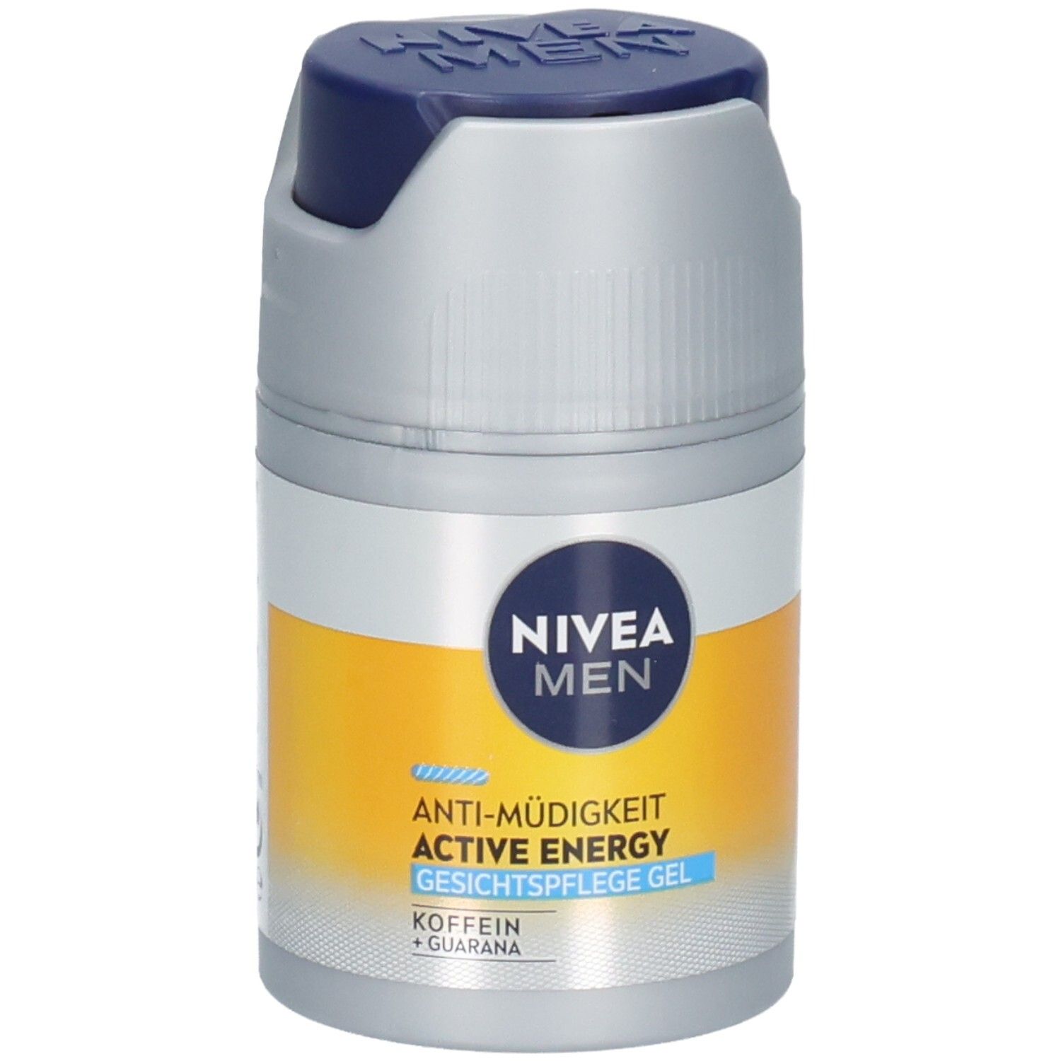 Flacon cylindrique avec bouchon bleu. Inscription: NIVEA MEN, ACTIVE ENERGY Gesichtspflege Gel. Éléments jaunes et argentés.