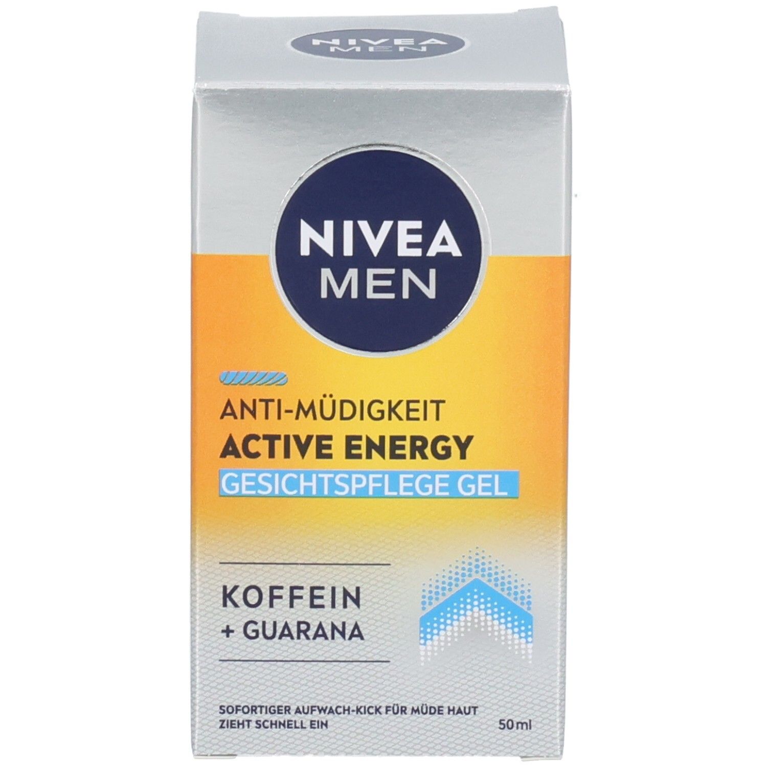 Emballage du produit. Inscription: NIVEA MEN, ACTIVE ENERGY Gesichtspflege Gel. Éléments jaunes et argentés. 50ml.