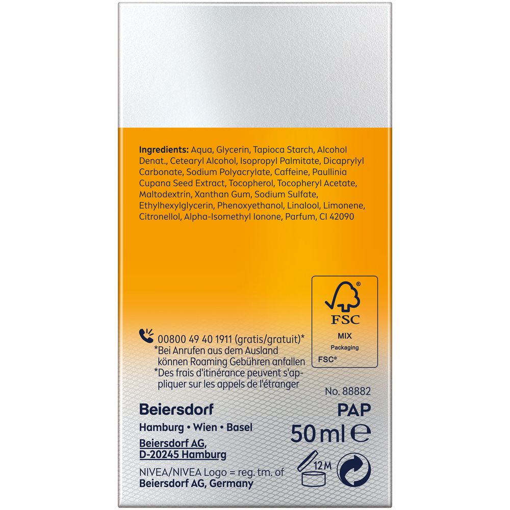 Arrière de l'emballage NIVEA MEN Gel de soin visage Active Energy avec ingrédients et logo FSC.