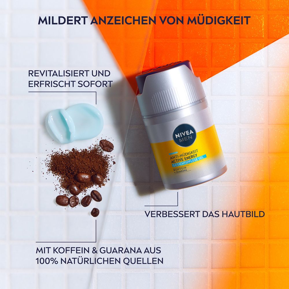 Gel NIVEA MEN Active Energy, grains de café et une échantillon de gel.
