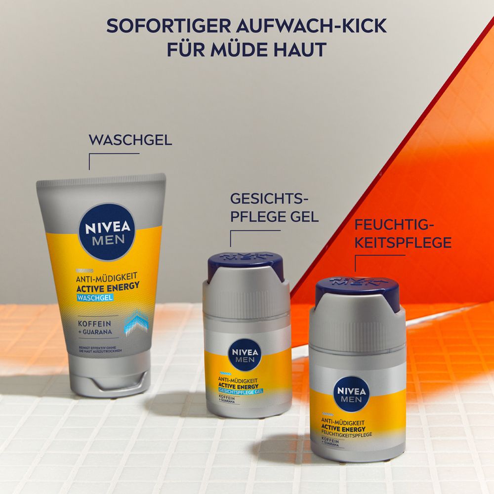 NIVEA MEN Active Energy Waschgel, Gesichts-Pflege Gel und Feuchtigkeitspflege nebeneinander.