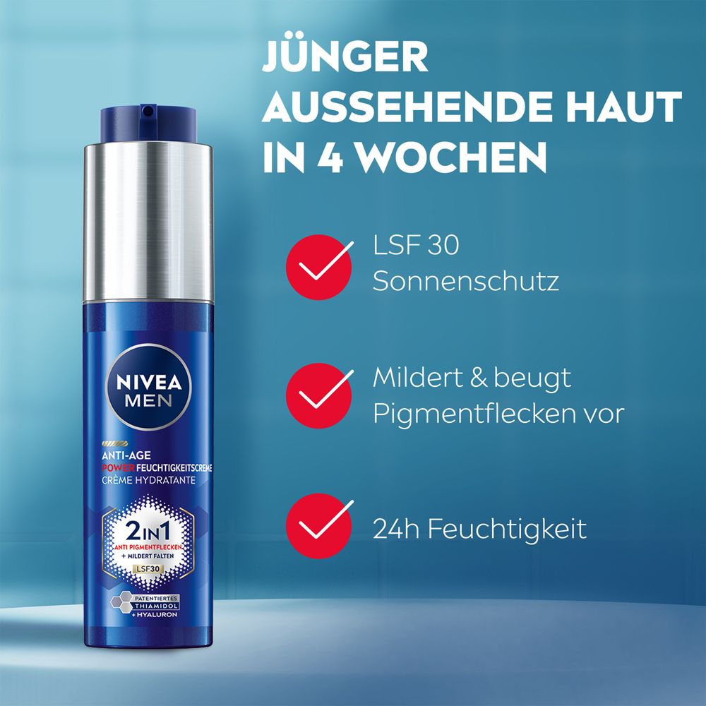 NIVEA MEN Crème hydratante Anti-Age Power: Aspect plus jeune en 4 semaines, FPS 30, réduit taches pigmentaires, hydratation 24h.