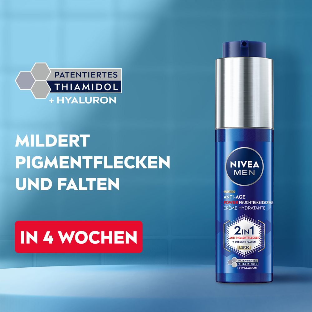 Crème hydratante NIVEA MEN Anti-Age Power : réduit taches pigmentaires et rides en 4 semaines avec Thiamidol + Hyaluron.