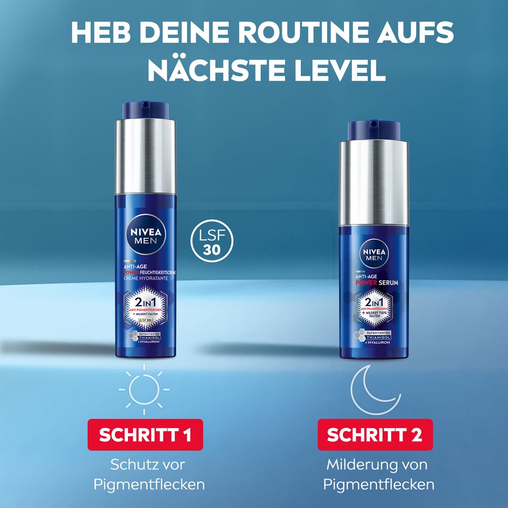 Crème hydratante et sérum NIVEA MEN Anti-Age Power pour le jour et la nuit.
