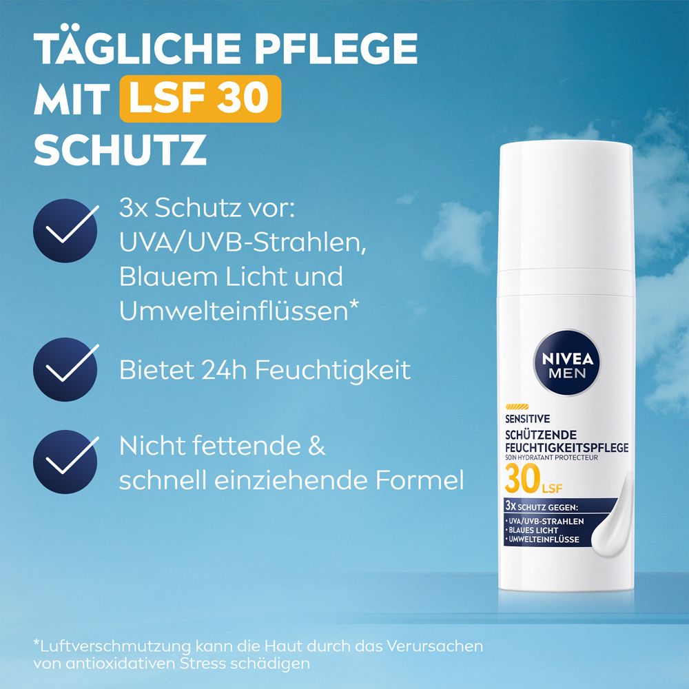 Nivea Men Sensitive Feuchtigkeits- und Schutzcreme LSF 30 mit Darstellung der Schutzfaktoren und 24h Feuchtigkeit.