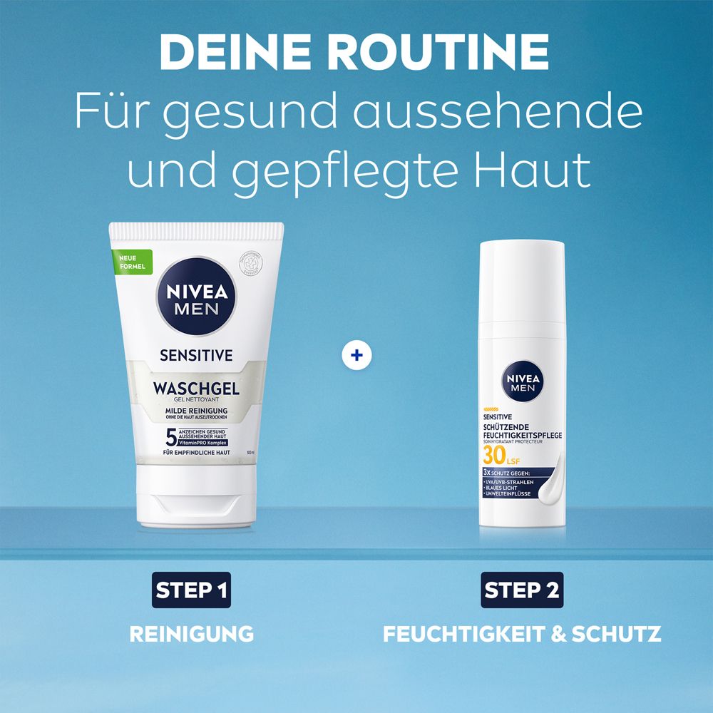 Nivea Men Routine: Waschgel und Feuchtigkeits- und Schutzcreme LSF 30 für gesunde Haut.
