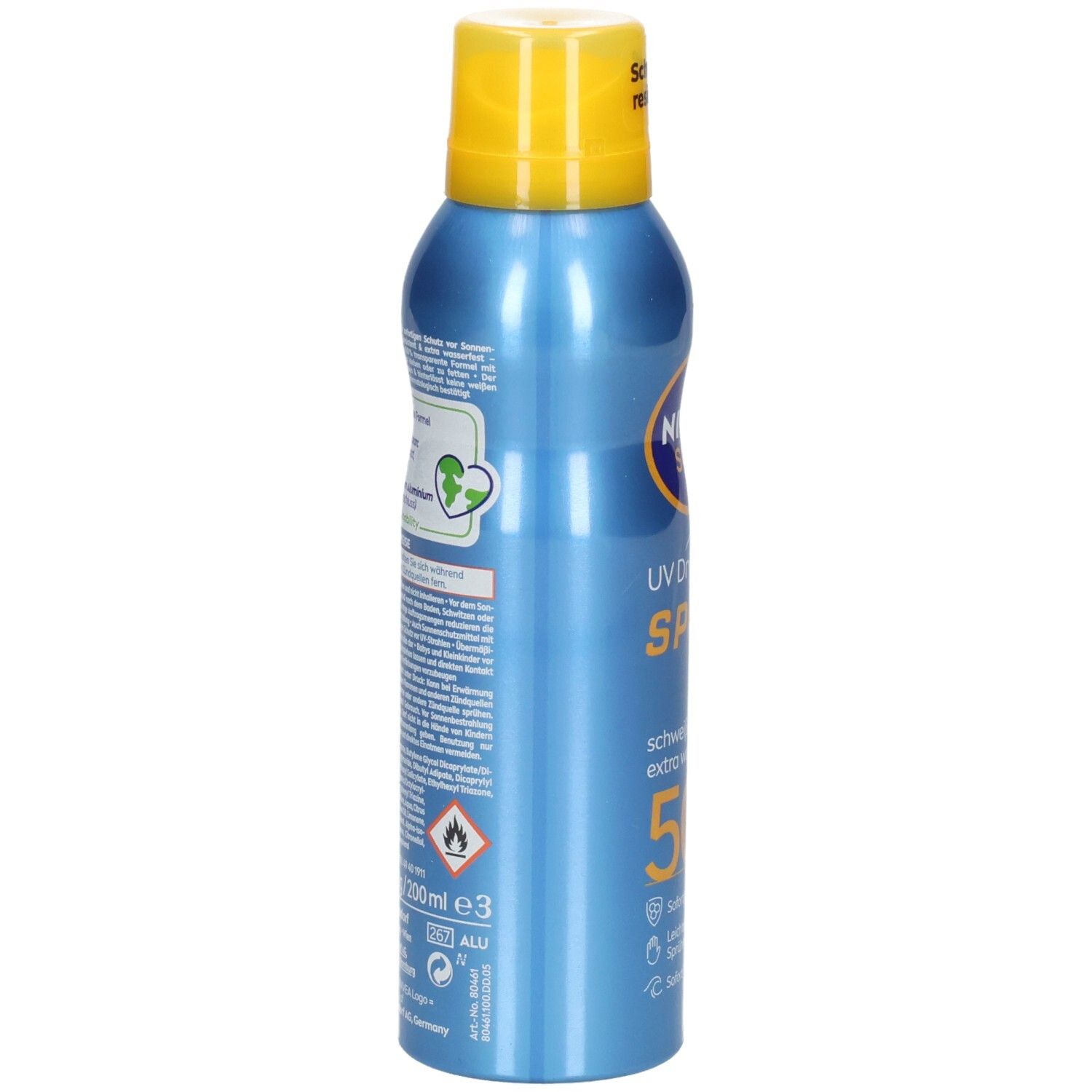 Rückseite der Sonnenspray-Flasche. Text: UV Dry Protect SPORT. Inhaltsstoffe, Warnhinweise. Recycling-Logo. 200ml.