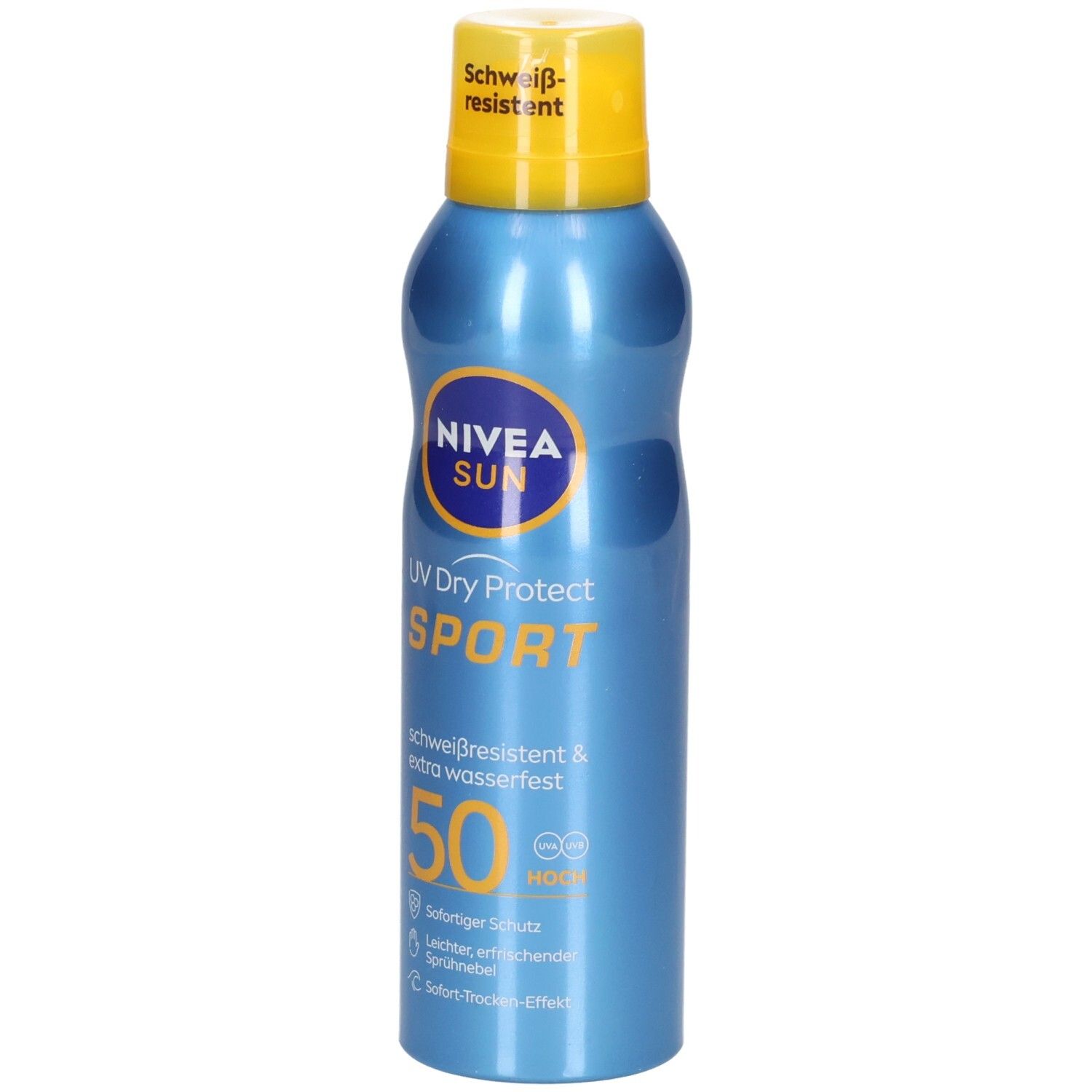 Blau-gelbes Sonnenspray. Aufschrift: NIVEA SUN UV Dry Protect SPORT. LSF 50. Schweißresistent. Aerosol-Sprühflasche.