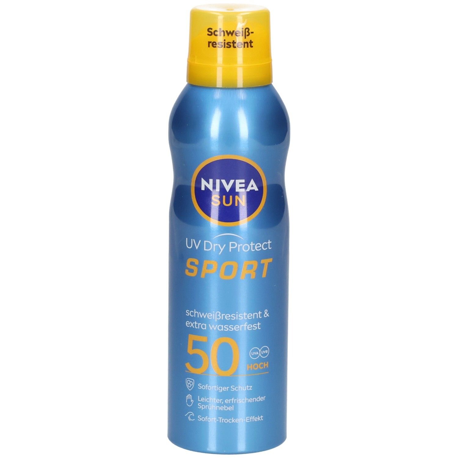 Blau-gelbes Sonnenspray. Aufschrift: NIVEA SUN UV Dry Protect SPORT. LSF 50. Schweißresistent. Aerosol-Sprühflasche.