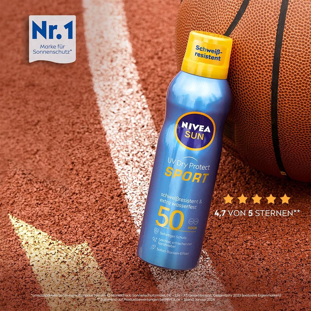 Nivea Sun UV Dry Protect Sport Sonnenspray LSF 50 auf einem Basketballfeld, Nr. 1 Marke.