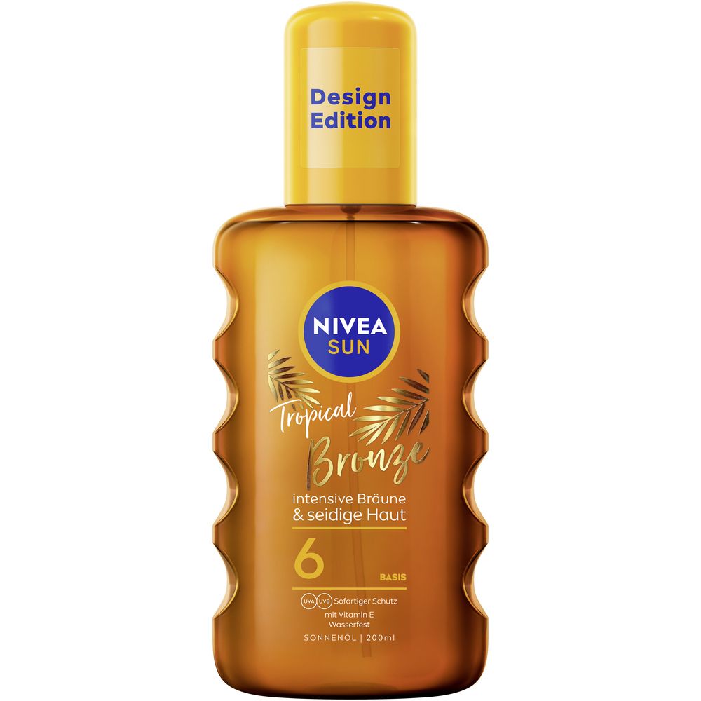 NIVEA SUN Tropical Bronze Sonnenöl Flasche mit gelbem Verschluss und "Design Edition" Aufdruck.