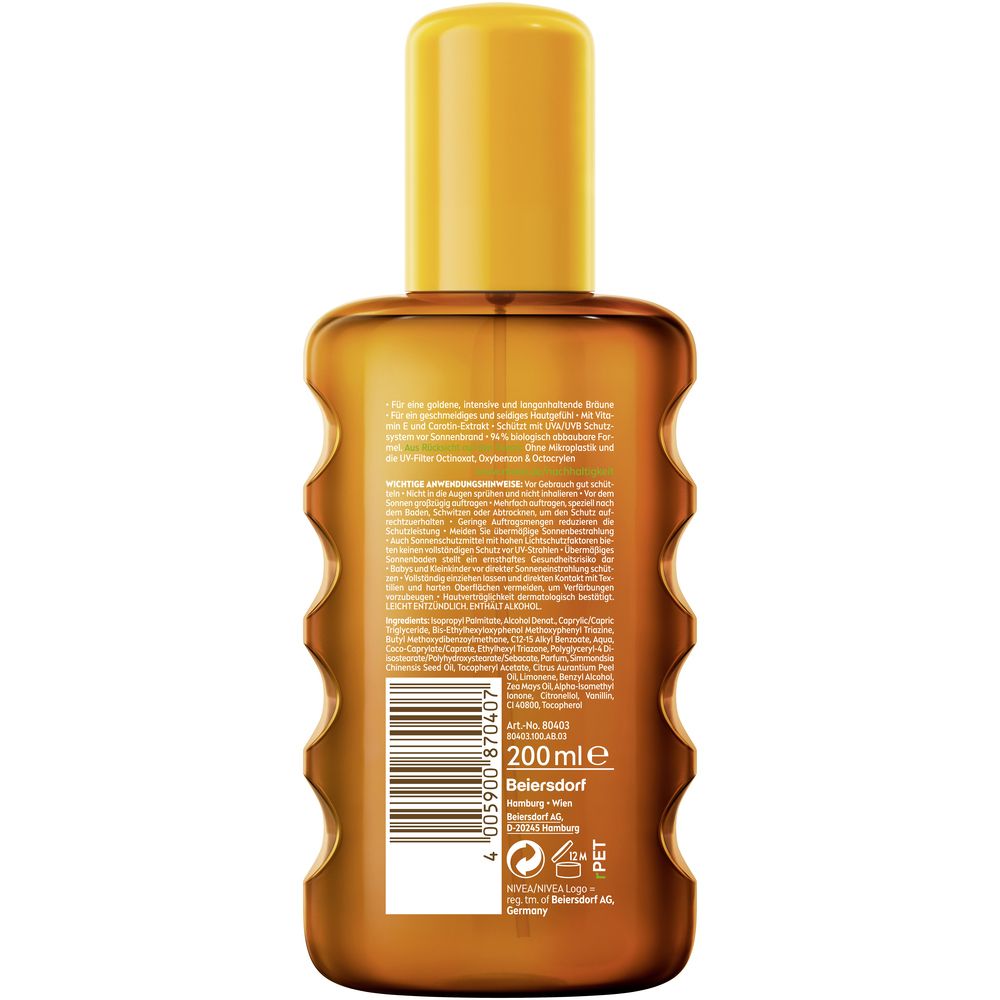 Rückseite einer braunen Sprühflasche NIVEA SUN Tropical Bronze mit gelbem Verschluss. Enthält 200ml.