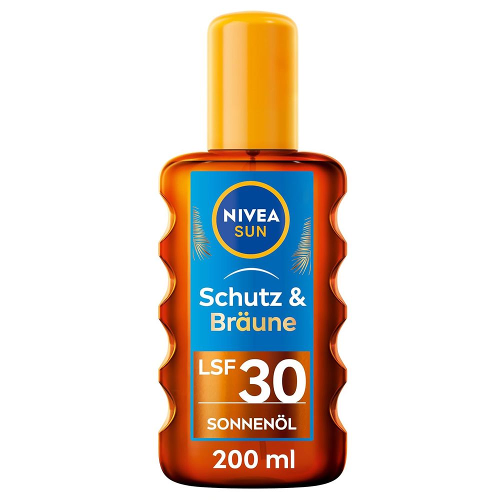 NIVEA SUN Huile-Spray Protection & Bronzage SPF 30, 200 ml. Flacon spray brun avec bouchon jaune.