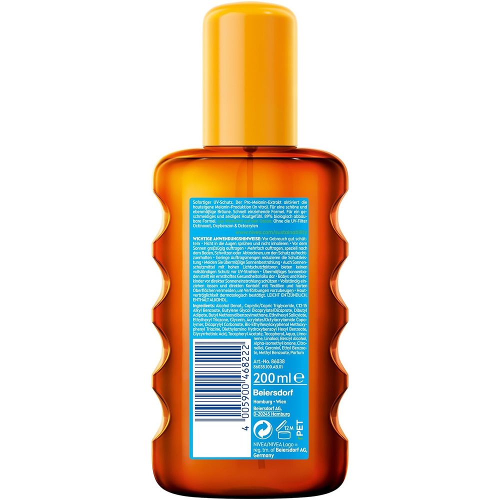 Arrière du NIVEA SUN Huile-Spray Protection & Bronzage SPF 30. Contient les ingrédients et le code-barres.